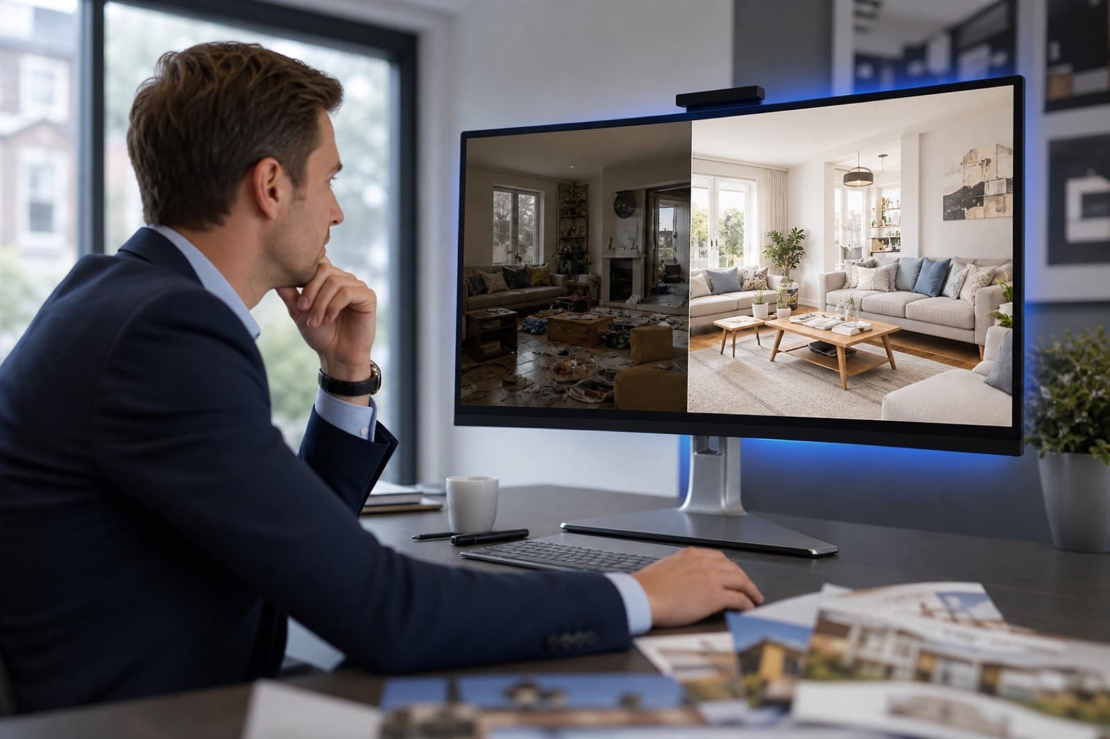Estate agent reviewing improved listing photos