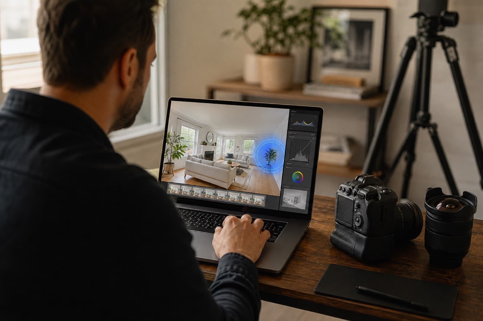 Property photographer editing a photo with AI